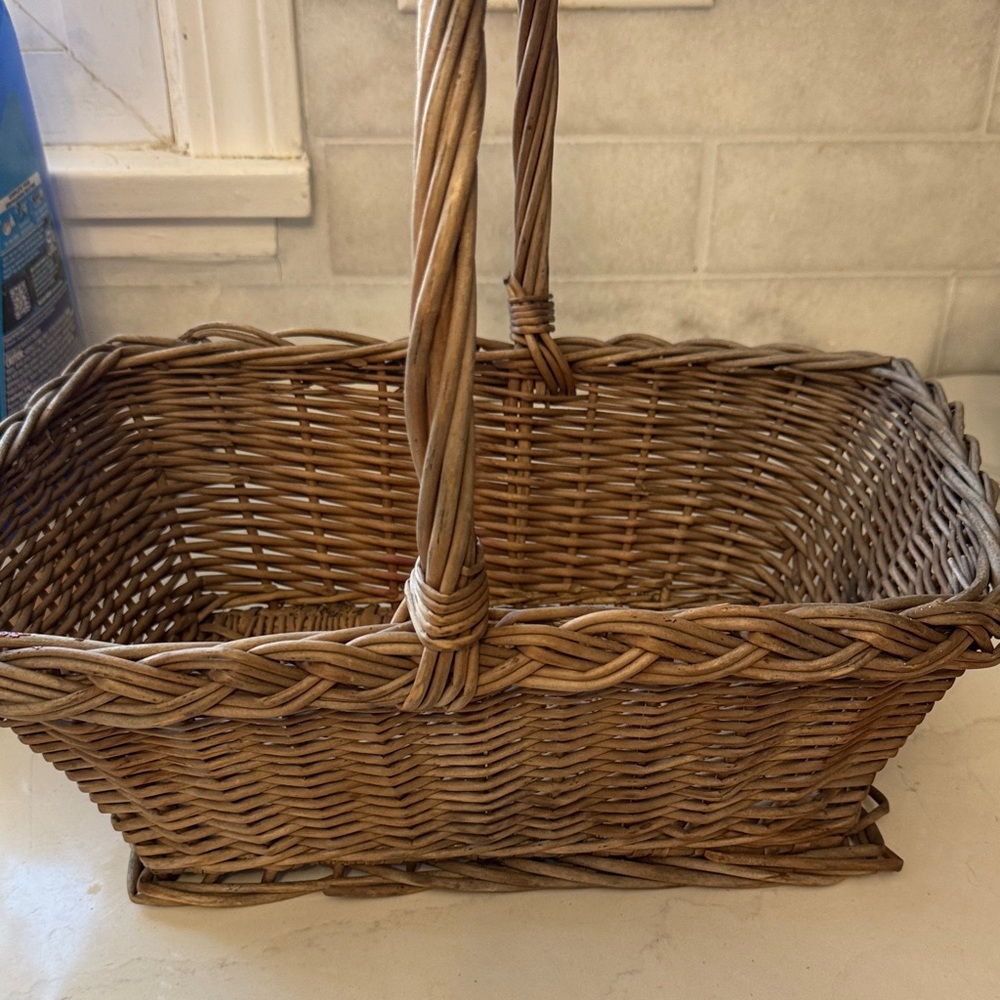 Large vintage Wicker gathering Basket with Handle rustic cottagecore decor